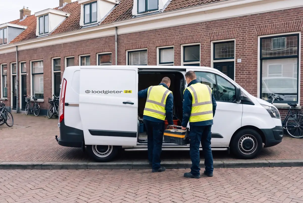 Monteurs bij hun bus in een straat met rijtjeshuizen